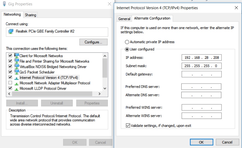 Alternative IP address Configure screen 